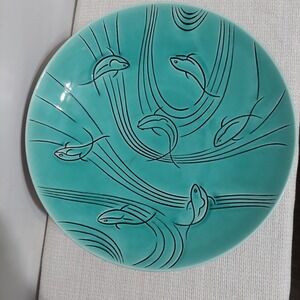 Vintage Mid-Century Roselane 14" Aqua Black Fish Design Pottery Bowl with Stand